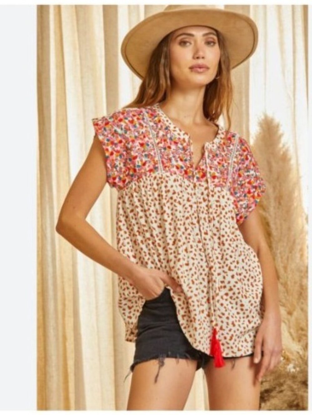 Savanna Jane Womens embroidered Animal Print Rayon Blouse Tassels size medium